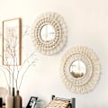 Miniatyrbild 3 av 7: 2-pack Macrame väggmonterad spegel med vävd frans Boho rund dekorativ spegel för lägenhet sovrum vardagsrum heminredning vit 2