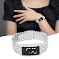 Miniatyrbild 1 av 8: LED-klocka med dubbla öppningar i rostfritt stål, spänne i metall, rektangulär urtavla, digital armbandsur för utomhusaktiviteter, silver