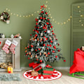 Miniatyrbild 4 av 6: Fantastisk julgransmatta, vita snöflingor på röd julgransfot, högkvalitativ polyester, återanvändbar julstämning, vacker