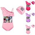 Miniatyrbild 4 av 6: Barn Flickor Ruffle One Piece Bikini Badkläder Baddräkt Strandkläder med cap Rose Red 140cm