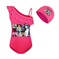 Miniatyrbild 1 av 6: Barn Flickor Ruffle One Piece Bikini Badkläder Baddräkt Strandkläder med cap Rose Red 130cm