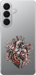 Kompatibelt Mobildeksel til Samsung Galaxy S26+ Sølvfarget mekanisk hjerte med rør, oransje spoler og lysende detaljer sølv