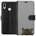 Miniatyrbild 1 av 3: Huawei P20 lite Plånboksfodral Grå Kattblick – stilren kattdesign med grå bakgrund