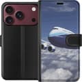 Kompatibel Tegnebogsetui til Apple iPhone 18 Pro Max Blåhvidt passagerfly over skyer under en blå himmel blå