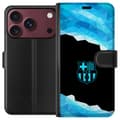 Kompatibel Tegnebogsetui til Apple iPhone 18 Pro Max Blåt lysende fodboldemblem med geometriske polygoner på sort baggrund sort