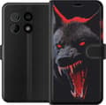 Kompatibel Tegnebogsetui til OnePlus 10 Pro Dramatisk ulveportræt med lysende røde øjne og blottede tænder mod sort baggrund sort