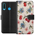 Miniatyrbillede 1 af 3: Huawei P30 lite Tegnebogsetui Bær & Blomster - mønster med blå blomster og skovbær