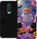 Kompatibel Tegnebogsetui til OnePlus 8 Hvidt spøgelse med græskarhat blandt sorte katte, græskar og lilla skyer lilla