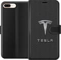 Kompatibel Tegnebogsetui til Apple iPhone 8 Plus Sølvfarvet bilemblem og tekst mod sort kulfibermønster, moderne racingmotiv sort