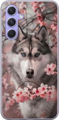 Kompatibelt Mobildeksel til Samsung Galaxy A54 Husky blant rosa blomster - hundemotiv i grått og rosa grå