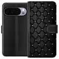 Kompatibel Tegnebogsetui til Google Pixel 11 Pro XL Sort diamantformet ternet mønster med guldfarvede knapper og syningsdetaljer, elegant geometrisk sort