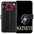 Miniatyrbillede 1 af 3: Kompatibel Tegnebogsetui til Apple iPhone 18 Pro Max KATSEYE-logo med gul stjerne, lilla omløbsringe og lys typografi på sort baggrund sort