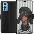 Kompatibel Tegnebogsetui til OnePlus 9 Sortbrun gravhund med sort basker og stribet trøje foran blågråhvide striber grå