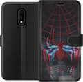 Kompatibel Tegnebogsetui til OnePlus 7 Rødt edderkoppesymbol med blå elektriske effekter på mørk baggrund sort