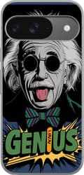 Kompatibelt Mobildeksel til Google Pixel 9 Pro Tegnet Albert Einstein med solbriller, utstrakt tunge og grønn Genius-tekst svart