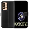 Miniatyrbillede 1 af 3: Kompatibel Tegnebogsetui til Samsung Galaxy A53 5G KATSEYE-logo med gul stjerne, lilla omløbsringe og lys typografi mod sort baggrund sort