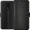 Kompatibel Tegnebogsetui til OnePlus 7 Sort geometrisk ternet mønster med guldfarvede linjer og dekorative detaljer sort