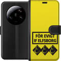 Kompatibel Tegnebogsetui til Xiaomi 13 Ultra Gul evighedstekst - Sort supportertekst i rektangulær ramme over tre sorte symboler på gul baggrund gul