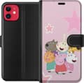 Kompatibel Tegnebogsetui til Apple iPhone 11 Gurli Gris og venner samlet med stjerner på lyserød baggrund, farverig børneillustration
