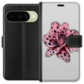 Kompatibel Tegnebogsetui til Google Pixel 11 Lyserød blomst med dekorative sorte pletter og mørke detaljer på lys baggrund pink