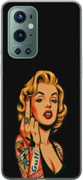 Kompatibel Mobilcover til OnePlus 9 Pro Blond kvinde i popkunststil med tatoveringer og løftet langfinger mod sort baggrund sort