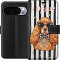 Kompatibel Tegnebogsetui til Google Pixel 11 Pro XL Brun spaniel med sorte solbriller og ternet sløjfe mod sorte og hvide striber brun