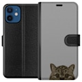 Miniatyrbild 1 av 3: Apple iPhone 12 mini Plånboksfodral Grå Kattblick – stilren kattdesign med grå bakgrund