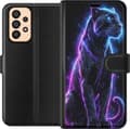 Kompatibel Tegnebogsetui til Samsung Galaxy A33 5G Sort panter med blå og lilla neonlinjer mod sort baggrund sort
