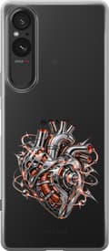 Kompatibelt Mobildeksel til Sony Xperia 5 V Sølvfarget mekanisk hjerte med rør, oransje spoler og lysende detaljer sølv