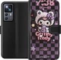 Kompatibel Tegnebogsetui til Xiaomi 12T Kuromi med lyserød ”Getting Ready”-tekst, hjerter og lilla tern lilla