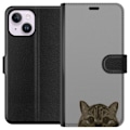 Miniatyrbild 1 av 3: Apple iPhone 15 Plus Plånboksfodral Grå Kattblick – stilren kattdesign med grå bakgrund