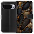 Kompatibel Tegnebogsetui til Google Pixel 11 Pro Abstrakt mønster med sorte, brune og beige stenformer indrammet af gyldne linjer sort