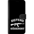 Miniatyrbillede 3 af 3: Kompatibel Tegnebogsetui til Apple iPhone 15 Plus Sort Söderort - hvidt områdeslogan og hvid våbensilhuet på sort baggrund sort