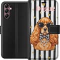 Kompatibel Tegnebogsetui til Samsung Galaxy A14 5G Brun spaniel med sorte solbriller og ternet sløjfe mod sorte og hvide striber brun