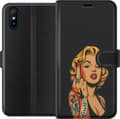 Kompatibel Tegnebogsetui til Xiaomi Redmi 9A Blond kvinde i popkunststil med tatoveringer og løftet langfinger mod sort baggrund sort
