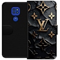 Miniatyrbillede 1 af 3: Motorola Moto G9 Play Tegnebogsetui Louis Vuitton Mørk Tilstand Design Sort Luksus Stil Mode Populær Grafisk Mønster Modeikon Luksusmærke
