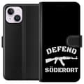 Miniatyrbillede 1 af 3: Kompatibel Tegnebogsetui til Apple iPhone 15 Plus Sort Söderort - hvidt områdeslogan og hvid våbensilhuet på sort baggrund sort