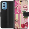 Kompatibel Tegnebogsetui til OnePlus 9 Kat hund lyserøde citrusfrugter og kirsebær over lyserøde og grønne striber pink