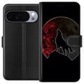 Kompatibel Tegnebogsetui til Google Pixel 11 Pro XL Sort silhuet af en hylende ulv foran en dramatisk rød måne mod sort baggrund sort