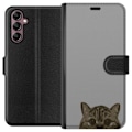 Miniatyrbillede 1 af 3: Samsung Galaxy A14 5G Tegnebogsetui Grå Katteblik - stilfuld kat design med grå baggrund