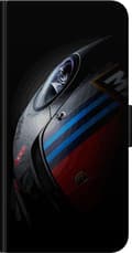 Miniatyrbillede 3 af 3: Kompatibel Tegnebogsetui til OnePlus 7 Pro Nærbillede af en mørk sportsvogn med blå og røde striber mod sort baggrund sort