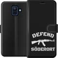 Miniatyrbillede 1 af 3: Kompatibel Tegnebogsetui til Samsung Galaxy A6 (2018) Sort Söderort - hvidt områdeslogan og hvid våbensilhuet på sort baggrund sort