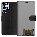 Miniatyrbillede 1 af 3: Samsung Galaxy S24 Ultra Tegnebogsetui Grå Katteblik - stilfuld kat design med grå baggrund