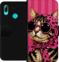 Kompatibel Tegnebogsetui til Huawei P smart 2019 Stribet kat med lyserødt tørklæde, sorte prikker og store briller på lyserøde striber pink