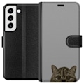 Miniatyrbillede 1 af 3: Samsung Galaxy S22+ 5G Tegnebogsetui Grå Katteblik - stilfuld kat design med grå baggrund