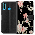 Miniatyrbillede 1 af 3: Huawei P30 lite Tegnebogsetui Blomstermønster Sort