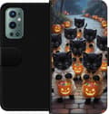 Kompatibel Tegnebogsetui til OnePlus 9 Pro Sorte killinger med orange græskarbøtter på en efterårsgade med græskarlygter orange