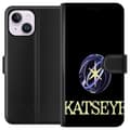 Miniatyrbillede 1 af 3: Kompatibel Tegnebogsetui til Apple iPhone 14 Plus KATSEYE-logo med gul stjerne, lilla omløbsringe og lys typografi mod sort baggrund sort