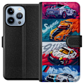 Pikkukuva 1 / 4: Apple iPhone 13 Pro Lompakkokotelo Nopeat Autot - Piirretty Kuvio Toiminnalla
