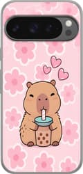Kompatibel Mobilcover til Google Pixel 9 Pro XL Sød tegnet kapybara, der drikker bubble tea blandt lyserøde blomster og skinnende hjerter på lyserød pink